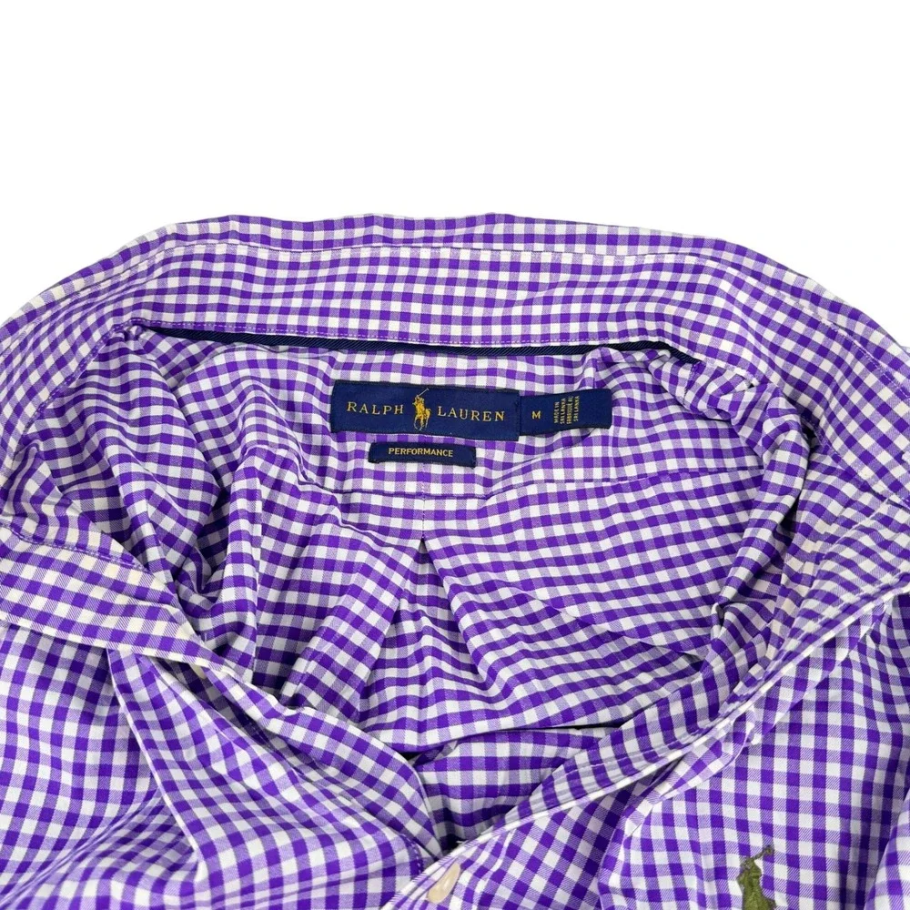 Polo Ralph Lauren Performance Mens M Gingham Shirt Purple White Long Sleeve Golf